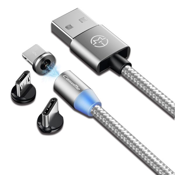 CaseMe Magnetisk kabel, MicroUSB+Lightning+USB-C, 2.4A, silver